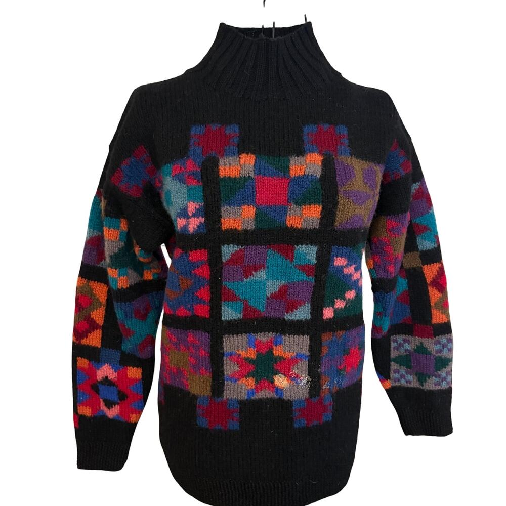 Vintage Y2K LL Bean 100% Pure Wool Black Geometric Fair Isle Pullover Sweater